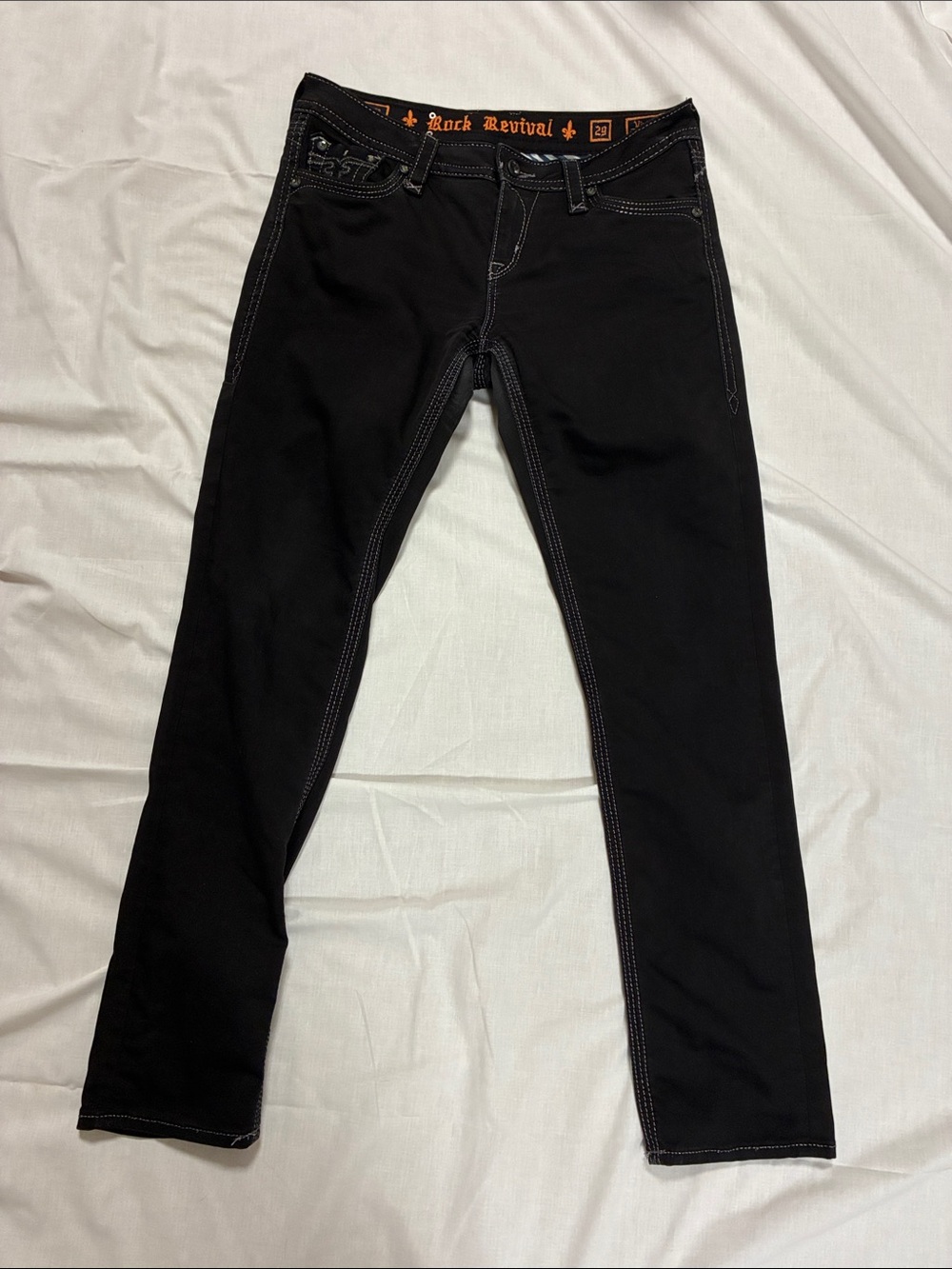 Rock Revival Mens 29 Black Straight Leg Jeans with Contrast Stitching